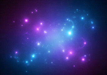 Vibrant blue and purple glowing particles creating an abstract cosmic light effect in a dark space.
