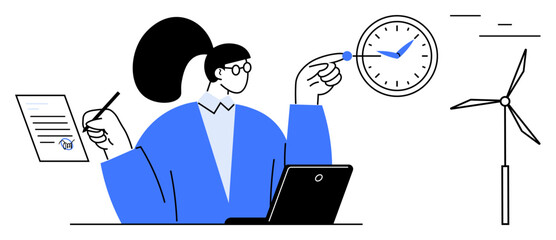 Professional woman holding pen and document, pointing at clock, wind turbine representing renewable energy. Ideal for management, sustainability, time management, eco-consciousness, multitasking