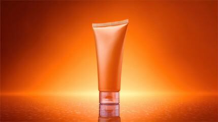 Vibrant orange tube stands against soft gradient background, exuding sense of freshness and vitality. sleek design and glossy finish highlight its modern appeal, making it perfect for skincare