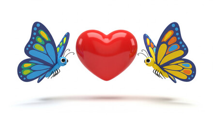 Two colorful cartoon butterflies flanking a large red heart, suggesting love and affection.