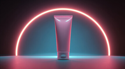 Sleek tube stands prominently against vibrant neon arc, showcasing modern design with soft glow. interplay of pink and cyan hues creates captivating atmosphere, enhancing product appeal