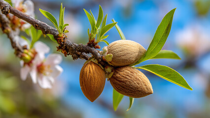 Trio of Fuzzy Almonds Ripening on a Sunlit Branch with Fresh Spring Leaves