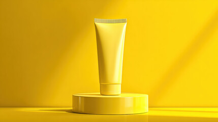 Bright yellow tube stands prominently on circular pedestal against vivid lemon yellow background, creating clean and modern aesthetic. simplicity of design evokes freshness and vibrancy