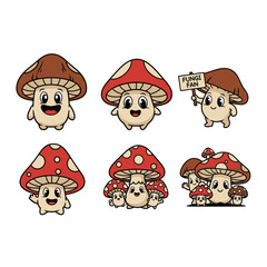 Fototapeta premium Set of cartoon mushrooms with smiling faces and different poses. A charming and whimsical illustration of playful fungi with expressive features.