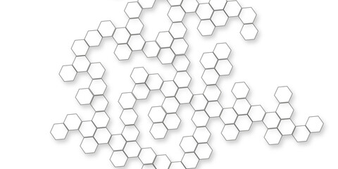 A pattern of white hexagon shapes arranged subtle shadows that create a three-dimensional, layered effect, geometric repetition and depth of the hexagonal grid.