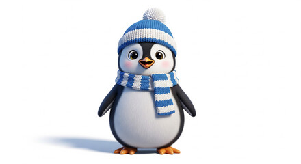 Fototapeta premium A cute cartoon penguin wearing a blue and white striped hat and scarf, smiling.