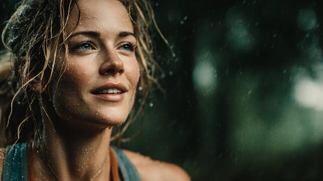 A serene portrait of a woman enjoying nature, radiating joy amidst gentle rain, capturing the essence of tranquility and self-discovery.