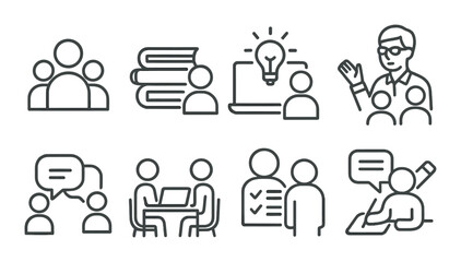 Education icons: collaboration, learning, communication, technology in outlined design