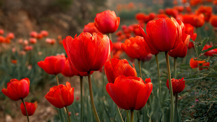 Obraz premium Vibrant Red Tulips Blooming in a Lush Spring Garden with Soft Golden Hour Light and Dreamy Bokeh
