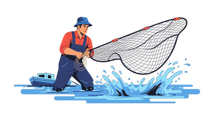 Fisherman Casting a Net: A determined fisherman casts his net into the sparkling water, capturing the essence of a timeless maritime trade. © AJM