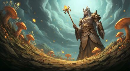 Generative AI Fantasy King in Mushroom Forest Magic Staff Illustration Art Digital painting Landscape Horns Armor Clouds Sky Mushrooms Golden Ground Rocks Trees Environment - High Quality