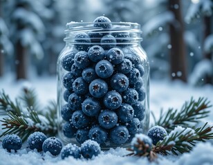 Fresh blueberries preserved in a jar amidst a snowy winter wonderland, with pine needles dusted in frost.