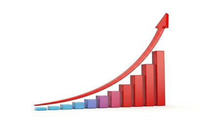 Colorful bar graph with red arrow showing upward trend isolated on white background