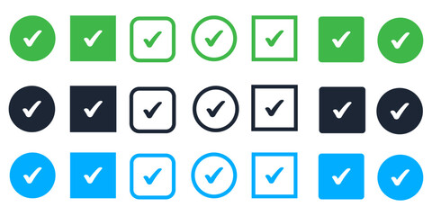 Green checkmark symbols. Check mark icons. Right, correct vote choice. Check mark icons . Vector illustration. 
