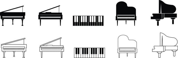 Black silhouette of upright piano icon set, isolated on transparent background. Graphic illustration. concept of musical instrument, classical music, piano recital, icon, logo, design element. © WaQar