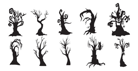 Collection of 10 gloomy halloween trees on white background - Vector illustration