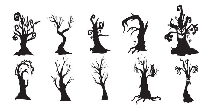 Collection of 10 gloomy halloween trees on white background - Vector illustration - Powered by Adobe