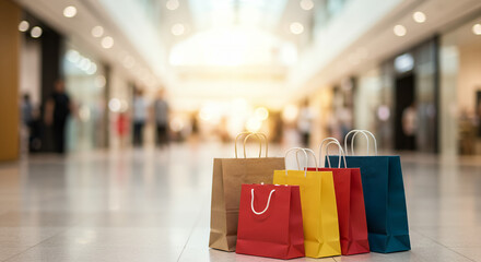 Naklejka premium Colorful shopping bags placed on floor of mall during daytime 