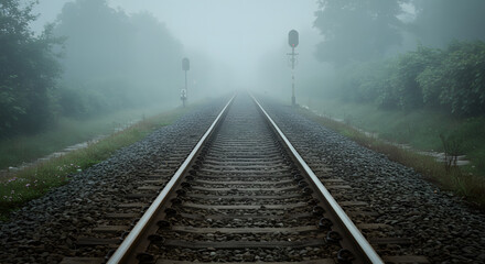 Fototapeta premium Moody Atmospheric Shot of Old Railway Track in Foggy Morning with Vintage Travel Vibes