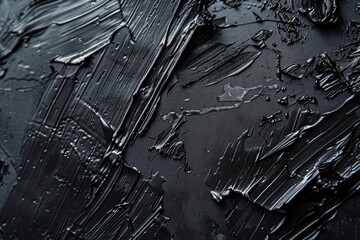 Photo of Many rough dark black smears of acrylic oil paint on flat surface. Background texture for backdrops or mapping