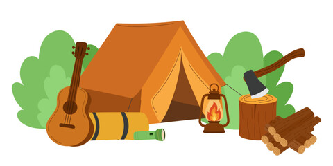 Camping scene guitar, lantern, sleeping mat, flashlight, axe, and firewood surrounded by green bushes. Outdoor adventure design perfect for hiking posters, summer camp graphics, travel flyers, picnic 