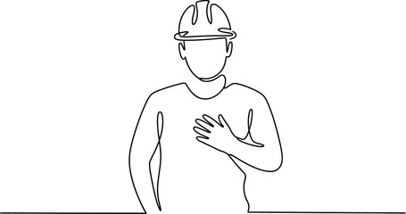 Construction worker wearing hard hat with hand on chest in gesture of pride or assurance
