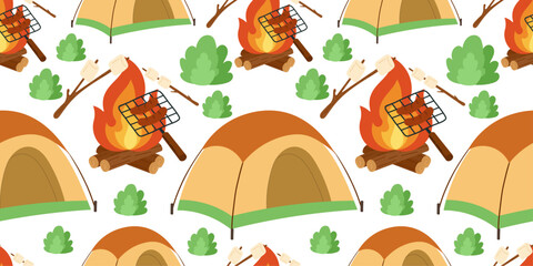 Camping pattern with tents, campfires, sausages on grill, marshmallows on sticks, and green bushes. Seamless outdoor adventure vector background perfect for hiking designs, summer camp decorations.
