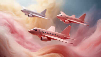 Three airplanes flying in a dreamy sky with pink and white clouds in the background view from below