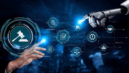 Futuristic digital law interface displaying justice scale, highlighting digital law, AI compliance,...