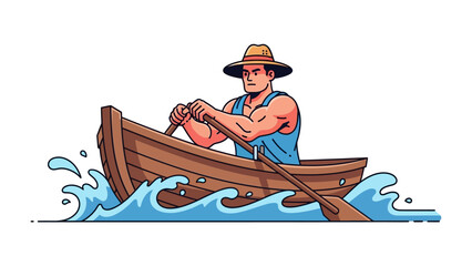 Man Rowing Boat on Water: A muscular man with a hat steers a wooden boat with oars on the clear, vibrant water, illustrating a journey of strength and exploration. © AJM