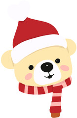 Cute white bear wearing a red Christmas hat, red scarf, transparent background.