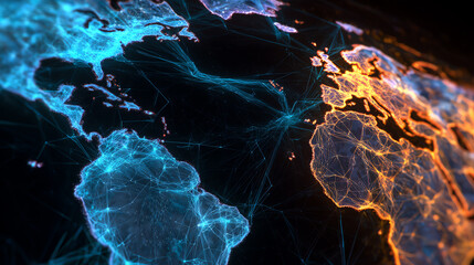 A stunning digital representation of a global network, showcasing bright connections between continents in vibrant colors.