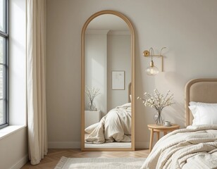 Serene bedroom with arched full-length mirror reflecting a cozy bed and soft natural light.