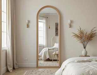 Serene bedroom interior with arched mirror reflecting a cozy bed and natural light