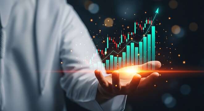 Hand holding a glowing 3d financial growth chart with bars