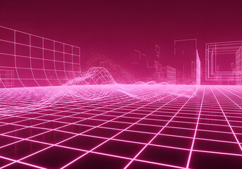Pink grid landscape with buildings in the background.
