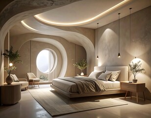 Modern bedroom with warm tones and curved walls