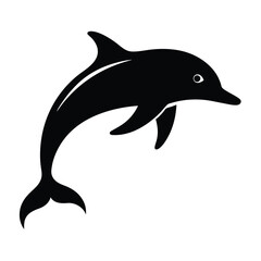 Fototapeta premium Black silhouette of a leaping dolphin with a white wave detail on white background jumping animal