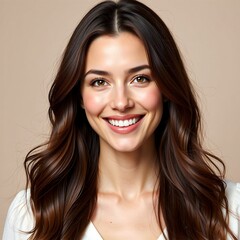 Naklejka premium Smiling young woman with long dark hair and white shirt, corporate marketing portrait with copy space for advertising campaigns, website hero image, or social media profile picture