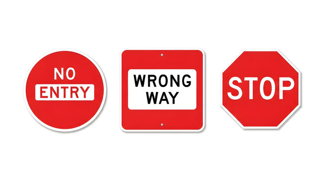 A collection of essential red prohibitory road signs including Stop, No Entry, and Wrong Way. Vector illustration for traffic regulation and driving safety