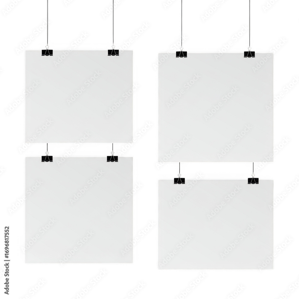 Wall mural four blank white paper sheets attached with clips isolated on a transparent background isolated on t