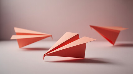 Three pink paper airplanes on a light pink surface in a studio setting with soft lighting