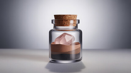 A glass jar with a cork lid containing a pink crystal and brown material on a white surface with a gray back