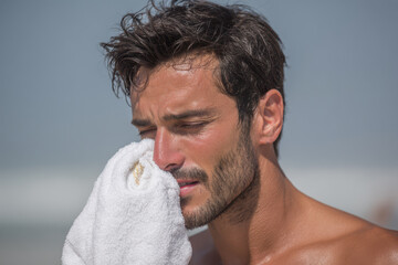 Obraz premium man gently wipes his face with towel embodying tranquility and release