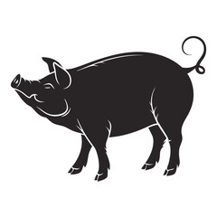 Black silhouette of a pig with a curly tail on a white background swine animal 1