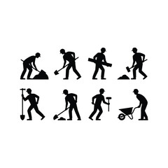 Diverse construction worker silhouettes performing various manual labor tasks with tools and equipment