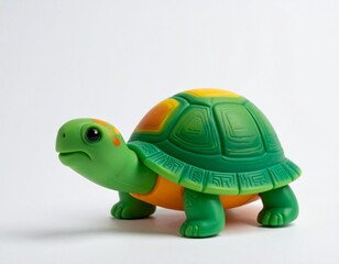 Obraz premium A charming green and orange toy turtle with a curious expression against a clean white background.