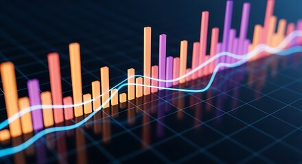 Colorful financial bar chart with rising trend line on grid