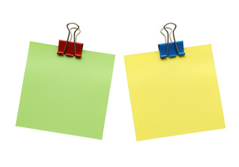 Two colorful sticky notes held by binder clips on a transparent background isolated on transparent background