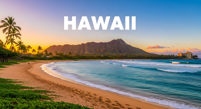 A tranquil morning on a golden sand beach in Oahu, with the iconic Diamond Head volcano silhouetted against a vibrant sunrise